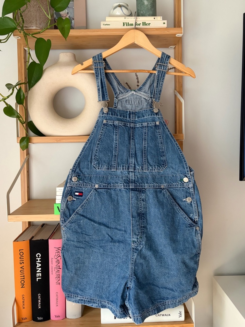 Tommy Hilfiger Blue Denim Short Overalls with Flag Logo